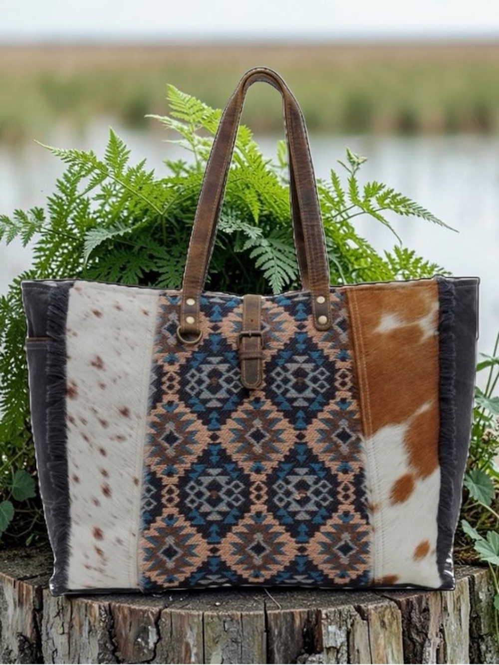 Myra Vanessia Weekender Bag Cowhide Leather Canvas Aztec Western NWT